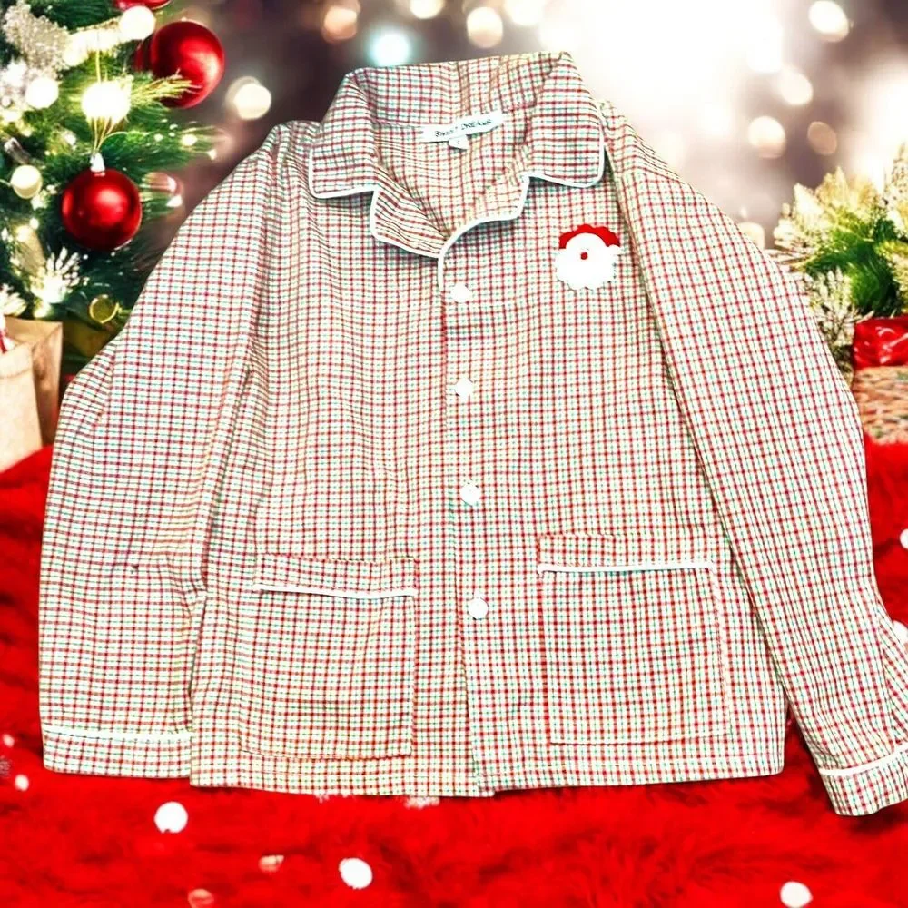 Sweet Dreams Red and White Plaid Kids Pajama Top with Santa Patch